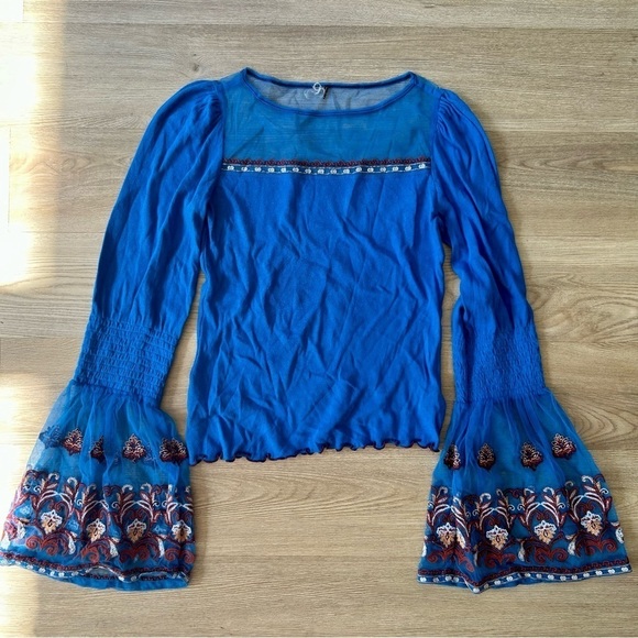 Free People Tops - Free People Blue Flared Sleeve Mesh Embroidered Ribbed Longsleeve Top